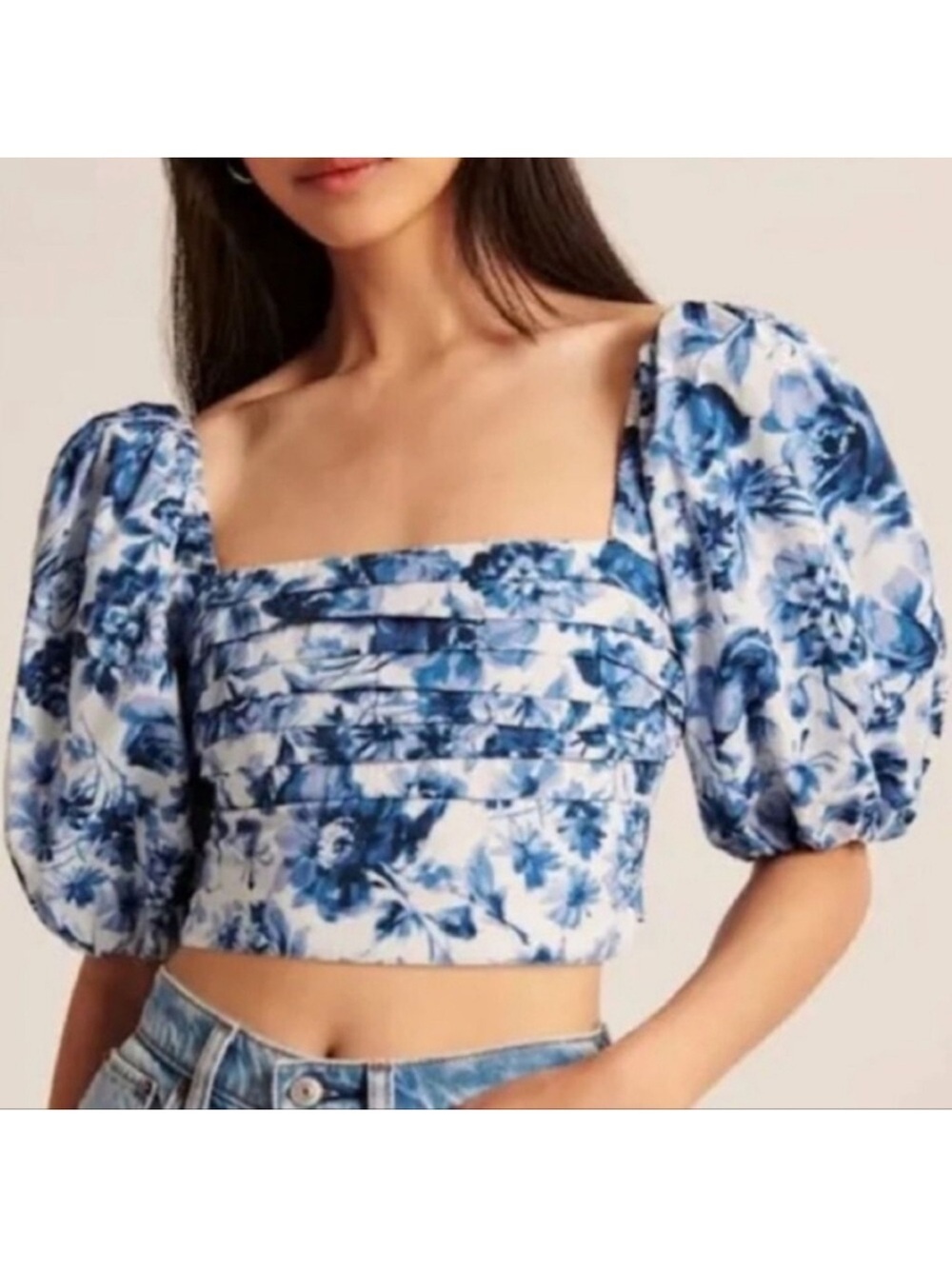 Abercrombie & Fitch Emerson Blue White Floral Crop Smocked Puff Sleeve Top Small - Picture 1 of 9